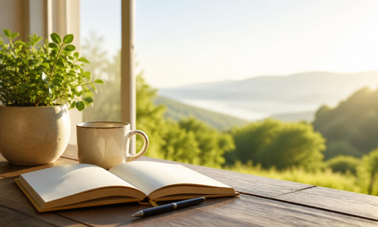 An open notebook and coffee in peaceful morning light