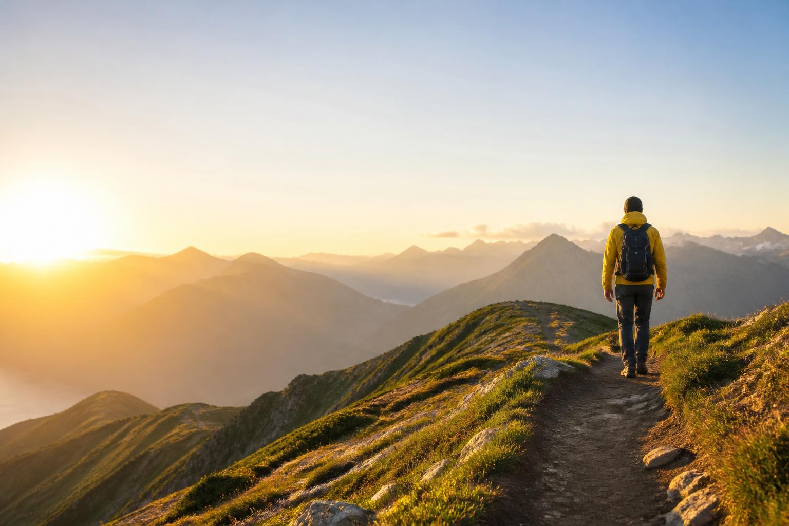 A person walking toward sunrise on a mountain path